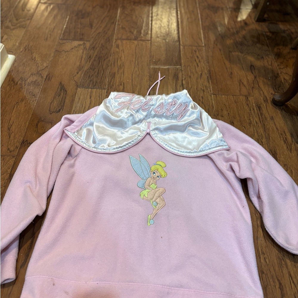Disney Tinker Bell “Feisty” Pink Fleece Hoodie Women’s Medium Y2K Satin Hood - Picture 8 of 11